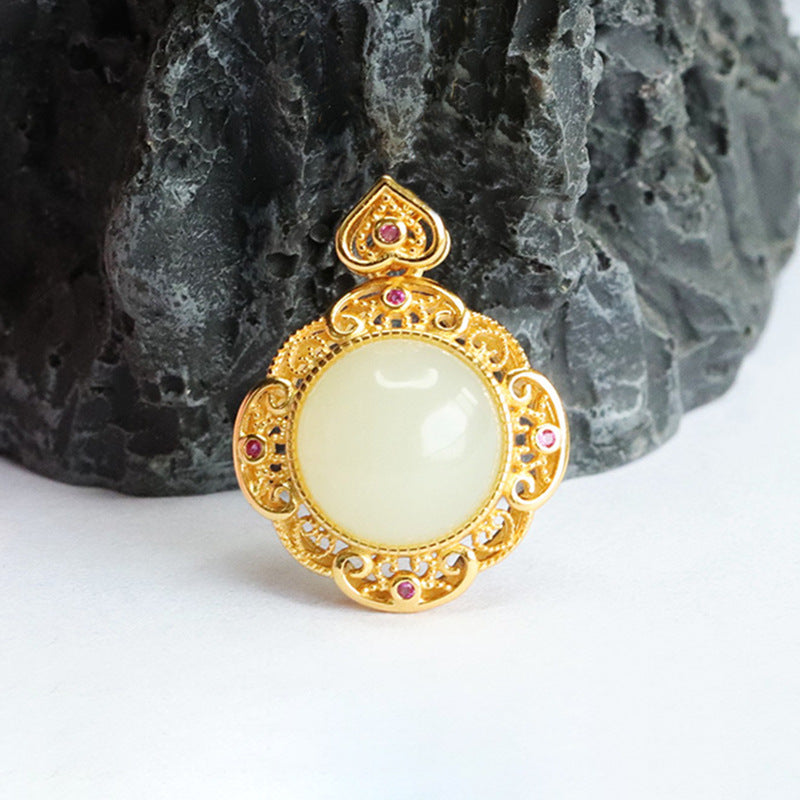 Round Hollow Edge Hetian Jade Necklace with Sterling Silver Chain