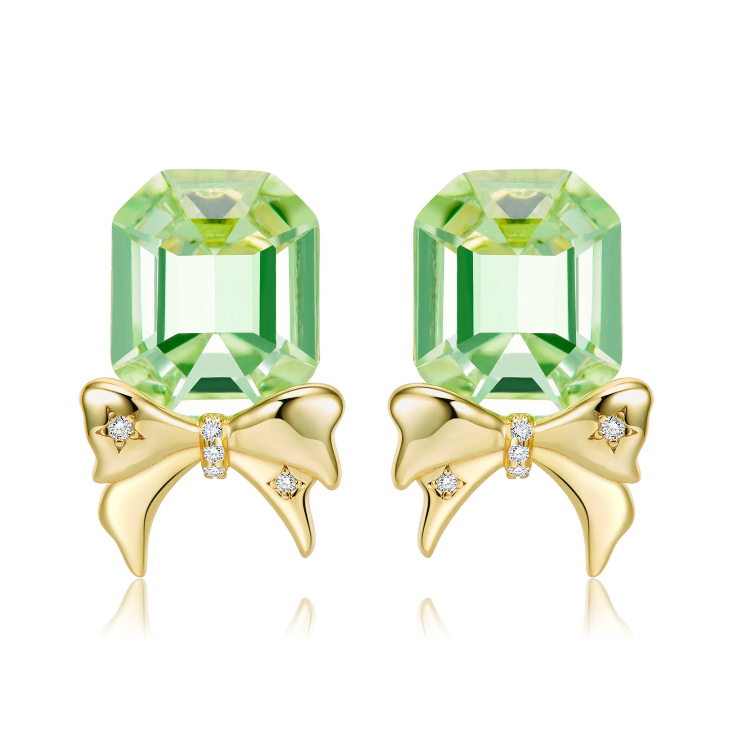 Asscher Cut Green Zircon Golden Bow Silver Stud Earrings