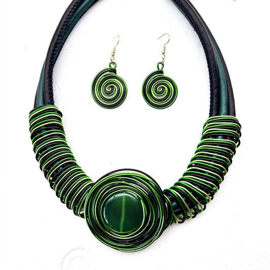 European and American Exaggerated Gemstone Collar Set with Aluminum Wire Earrings and Necklace
