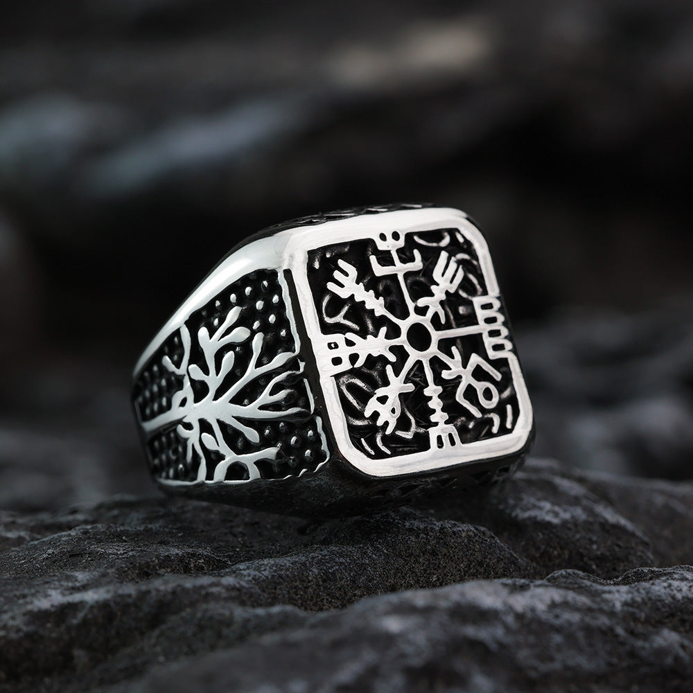 Nordic Vintage Stainless Steel Men's Ring Viking Tree of Life Compass Print