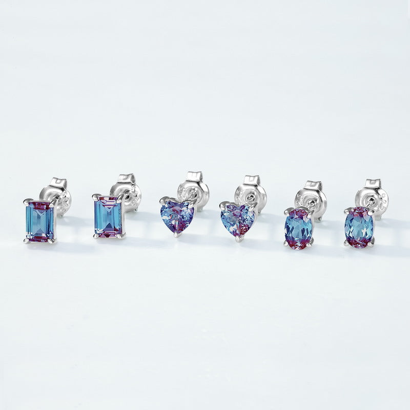 S925 Sterling Silver Lab-Grown Alexandrite Geometric Stud Earrings
