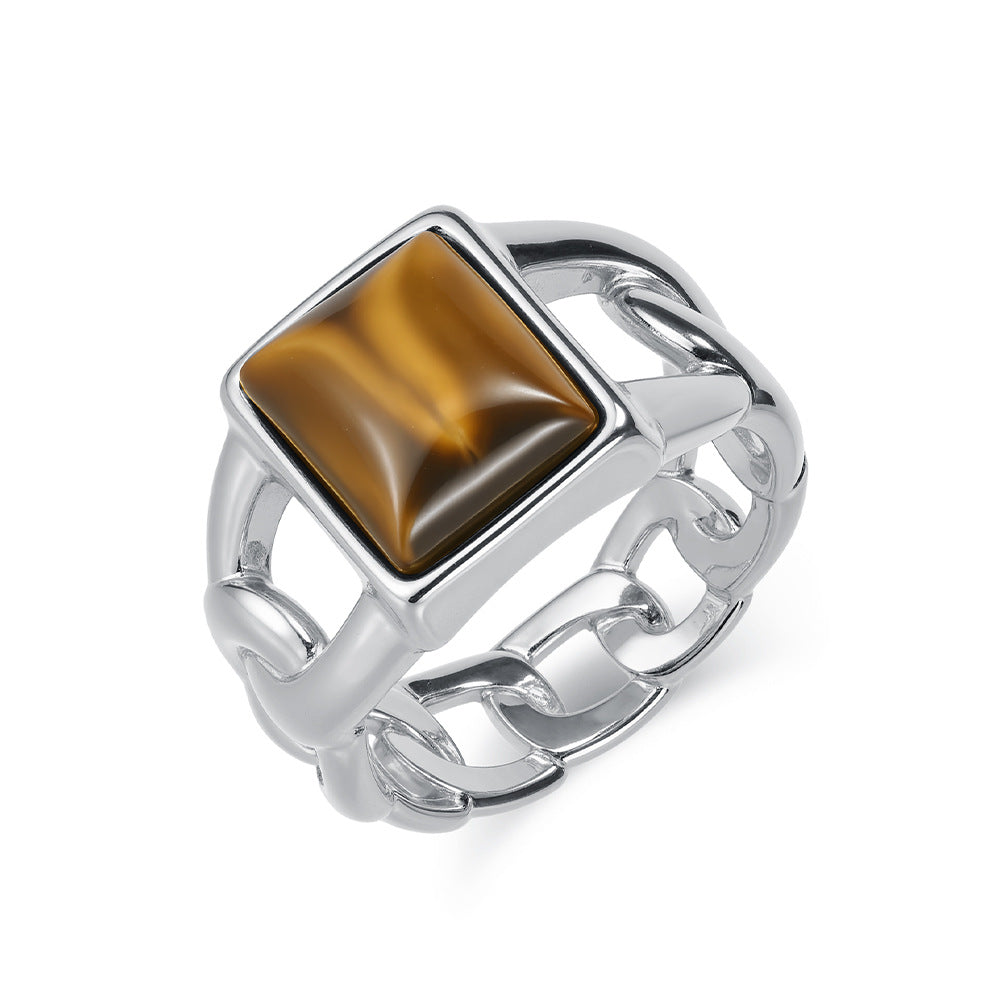 Planderful Everyday Genie Tiger Eye Titanium Steel Ring For Men Geometric Hollow Cuban Chain