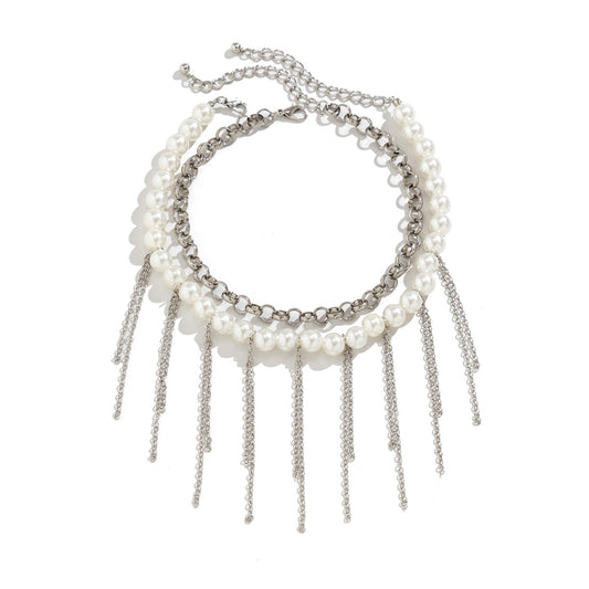 European and American-Inspired Pearl Tassel Chain Necklace for Women, Handmade Retro O-shaped Necklace