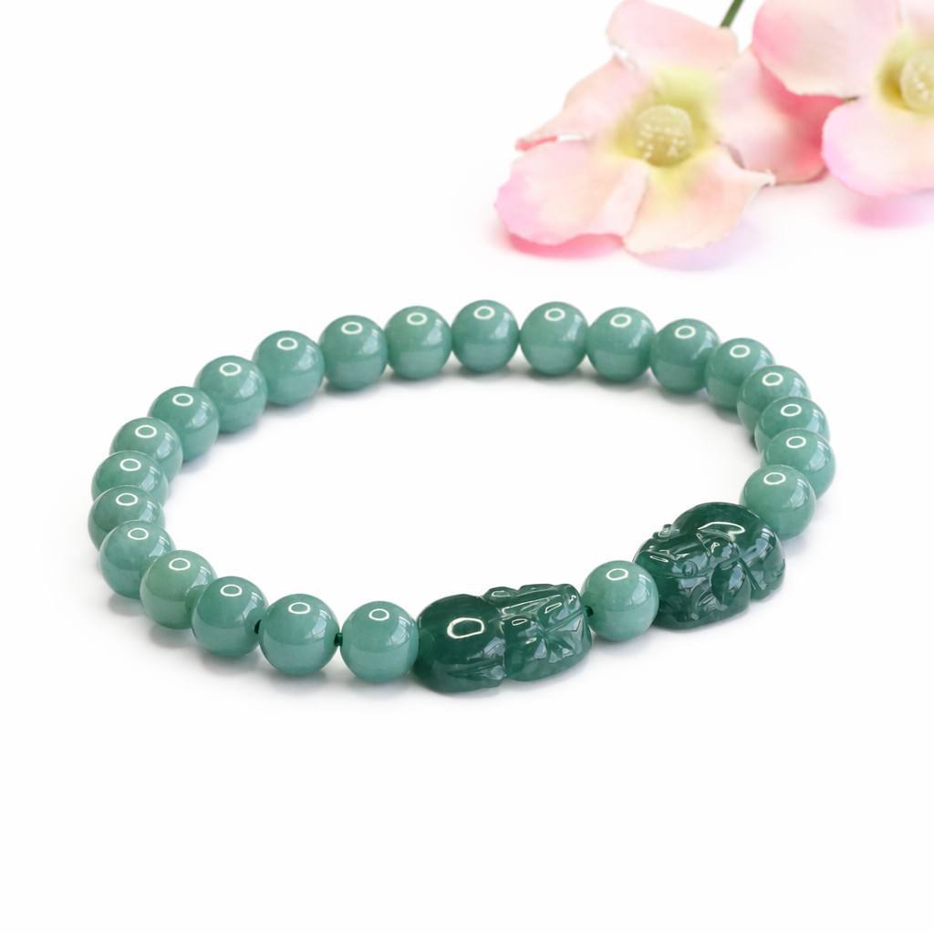 Blue Water Jadeite Pixiu 5.8 mm Beaded Bracelet