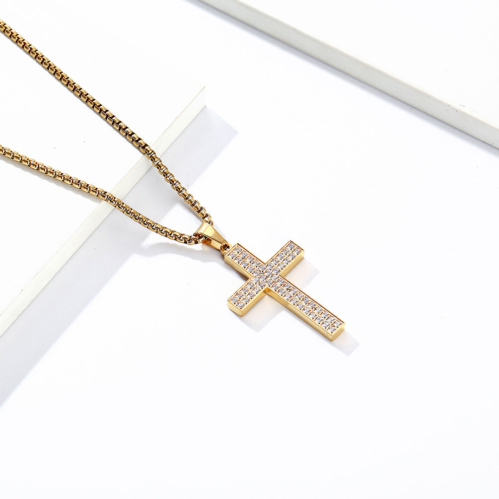 Planderful Cross Necklace Titanium Steel Zircon Inlaid Luxe Pendant For Urban Hip Hop Fans