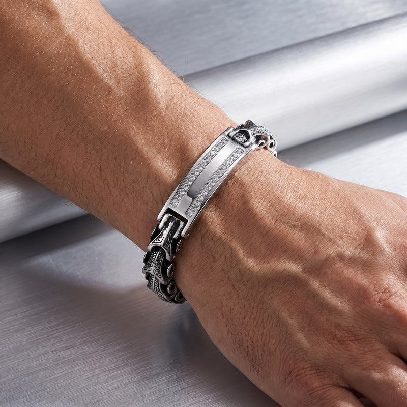Punk Smeared Keel Titanium Steel Bracelet – Hip Hop Double Row Zircon Curved Bar Layered