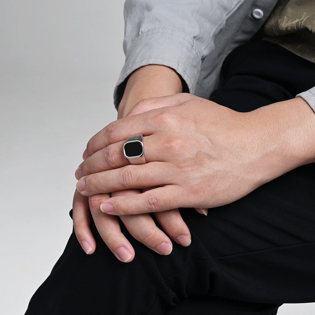 Planderful Men Titanium Steel Ring With Black Glass Gem Minimalist Fashion Ring For Everyday Wear
