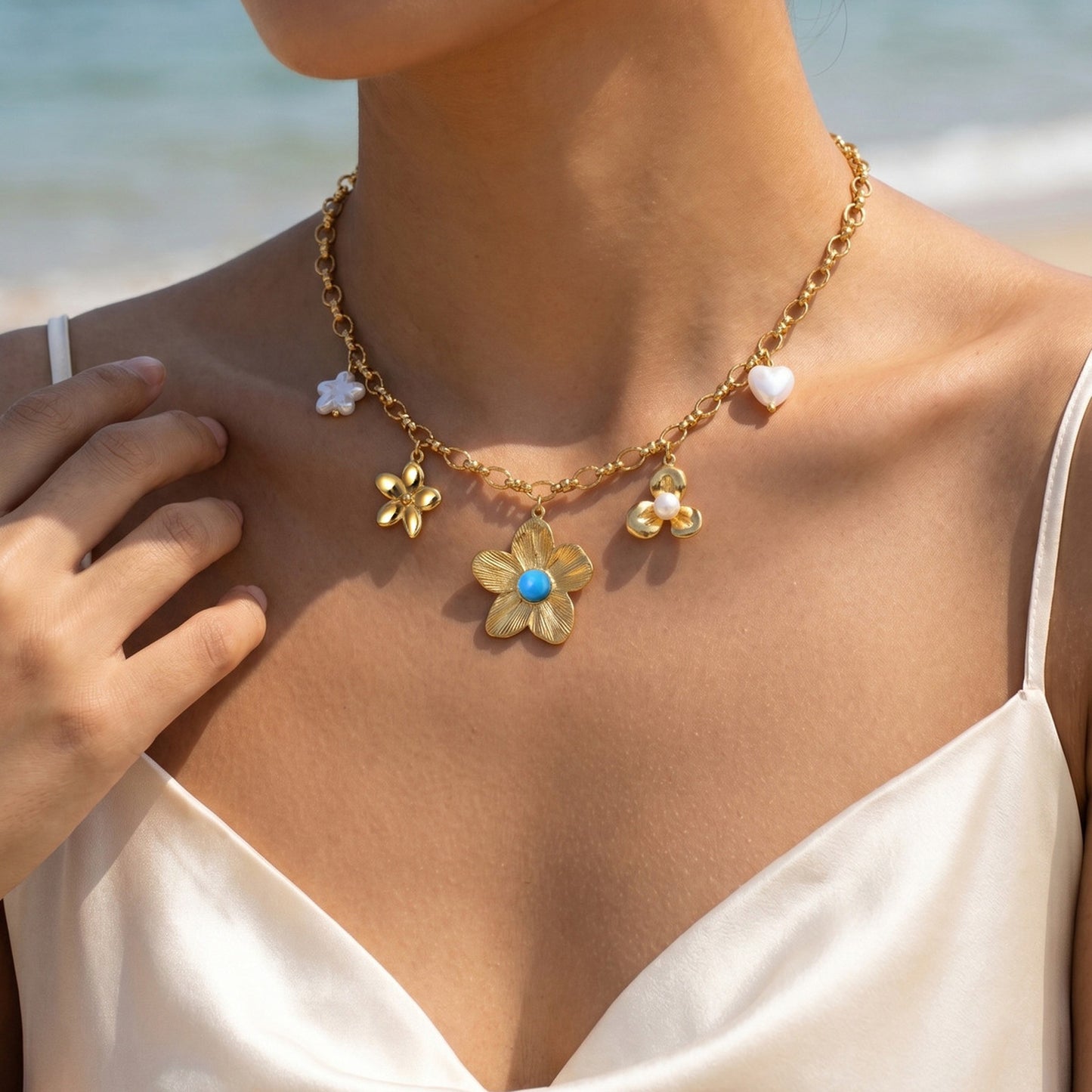 Stainless Steel Necklace Diy Ocean Wind Flower Imitation Pearl Necklace Gold