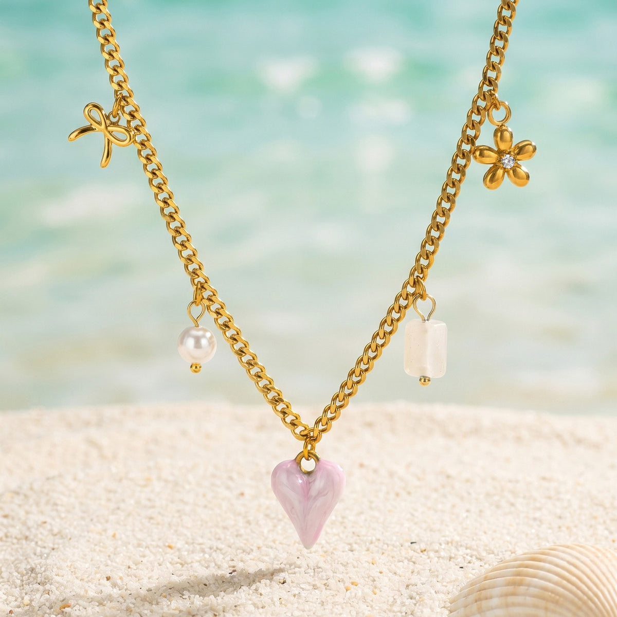 Stainless Steel Women's Heart-Shaped Imitation Pearl White Jade Natural Stone Bow Flower Necklace