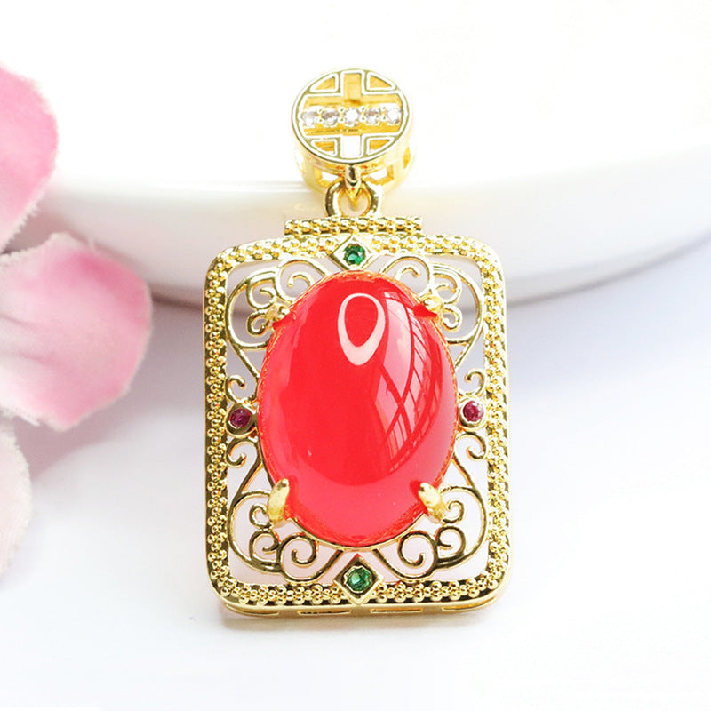 Natural Oval Red Agate Chalcedony Vintage Golden Auspicious Cloud Rectangle Pendant