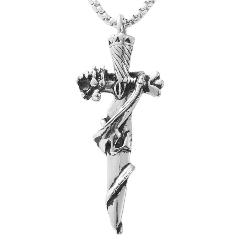 Titanium Steel Retro Cross Sword Pendant Necklace for Trendy Men and Women