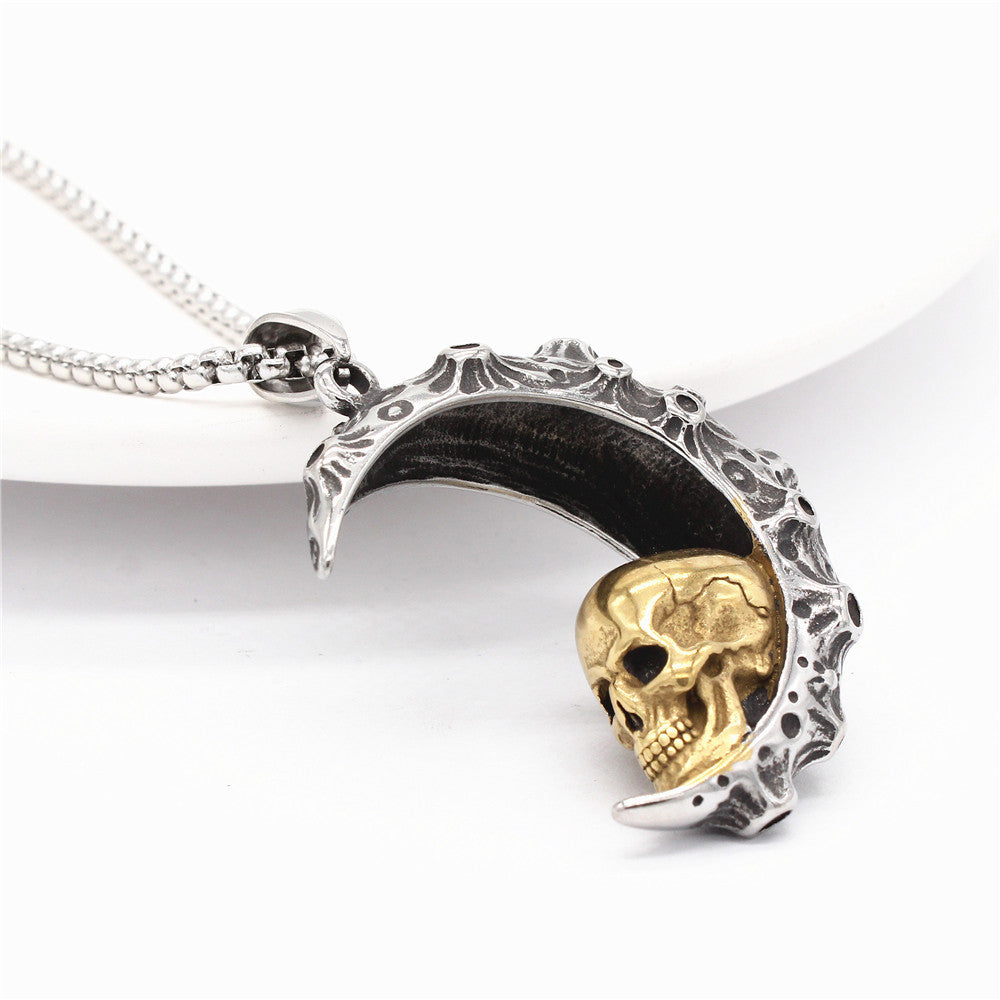 Crescent Skull Titanium Steel Pendant Necklace