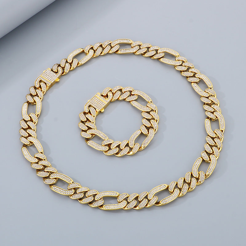 Men's Hip-hop Rhinestone Cuban Chain Jewelry Set - Stainless Steel Necklace & Bracelet for Cross-border Fashion