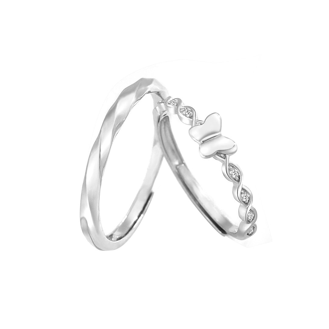 Planderful S925 Sterling Silver Butterfly Couple Ring For Girlfriend Gift Adjustable Twin Set