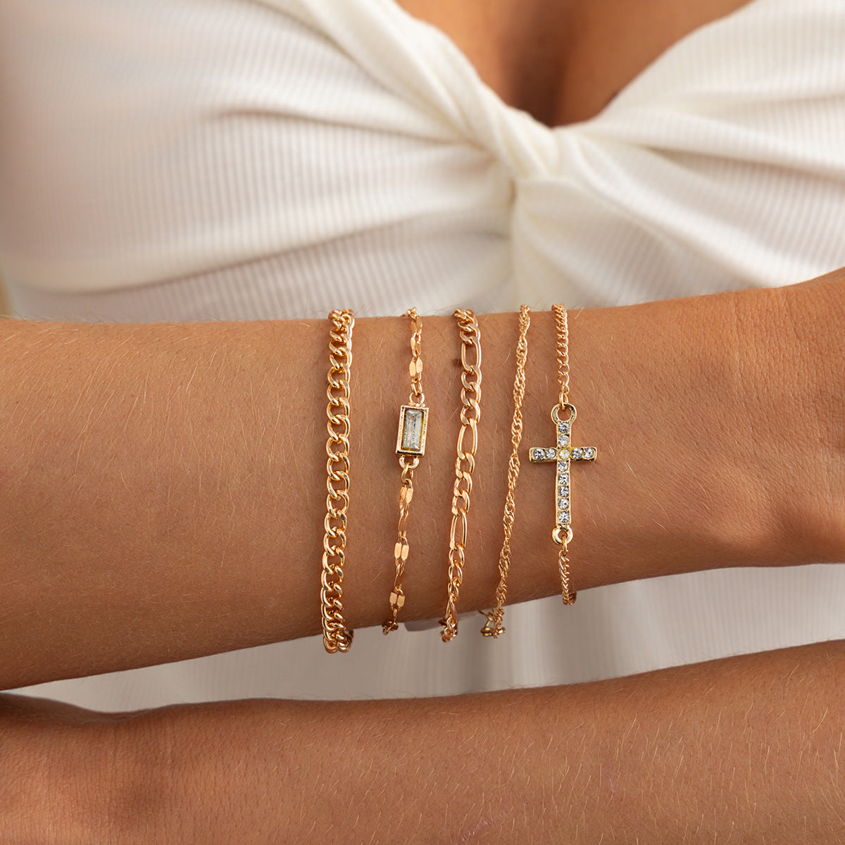Style Set Stacked Cross Bracelet Micro-Inlaid Zircon Western Retro Chain Multi-Layer