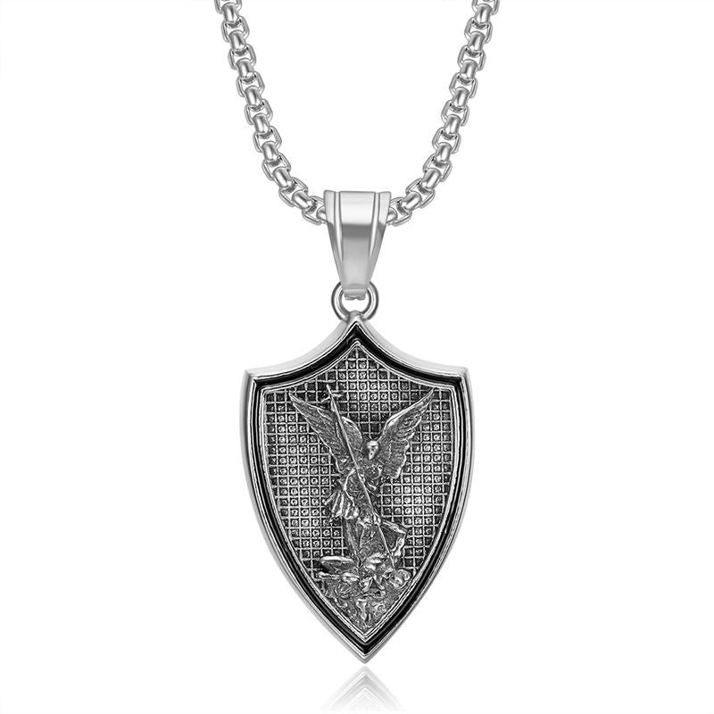 Steel Necklace - Vintage Saint Michael Shield Pendant
