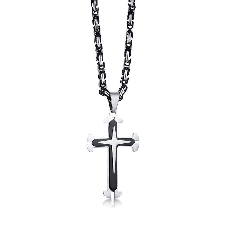 Planderful Stainless Steel Bold Triple Cross Pendant Necklace For Men On Byzantine Chain