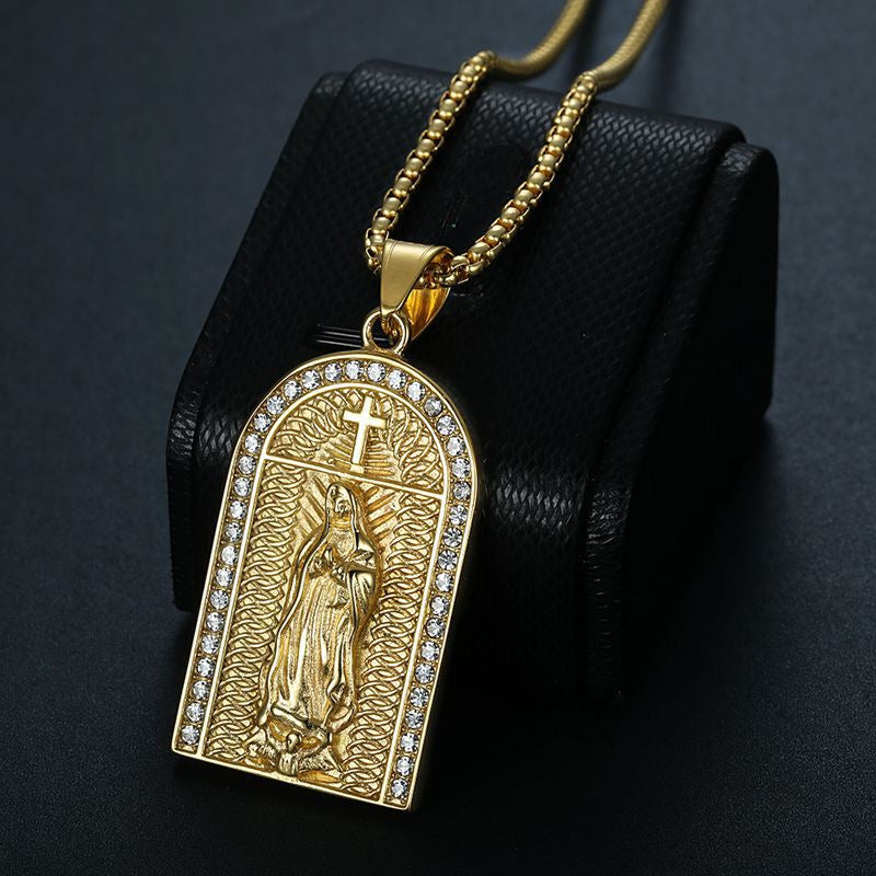 Planderful Hip Hop Jewelry Madonna Portrait Necklace Unisex Gold Plated Stainless Steel Zircon Pendant