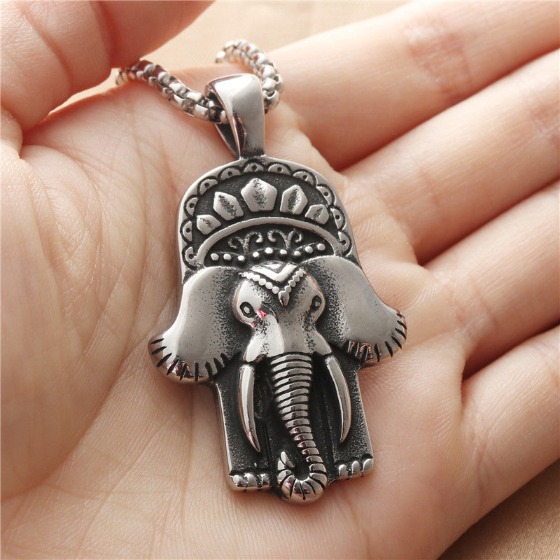 Titanium Steel Elephant Pendant Necklace for Men - Retro Punk Style Animal Statue in Stainless Steel
