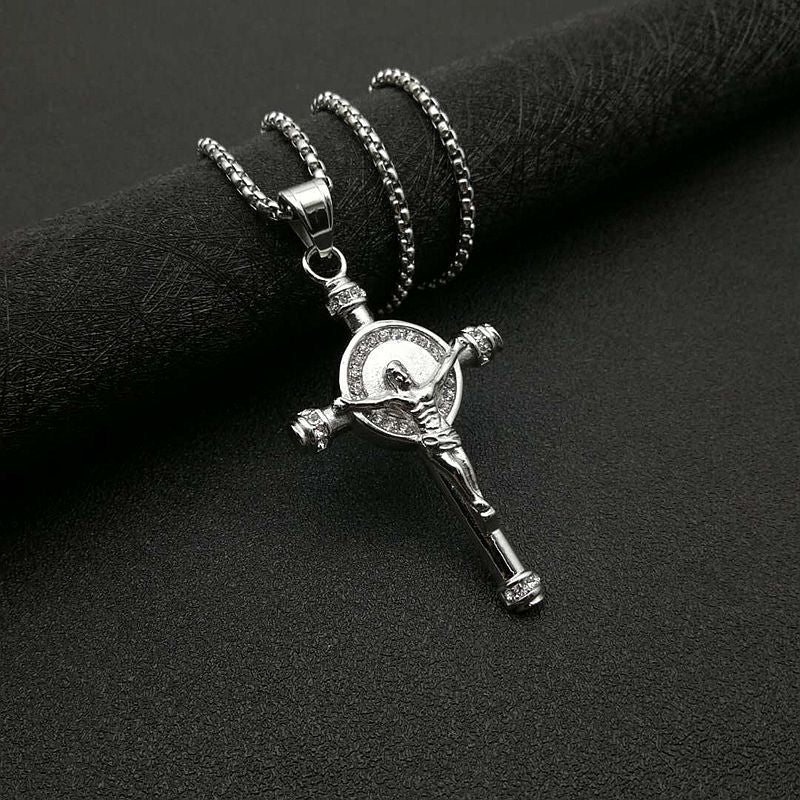 Planderful Everyday Genie Hip Hop Cross Pendant Necklace Titanium Steel Gold Plated Zircon Stunning Urban Style Fans