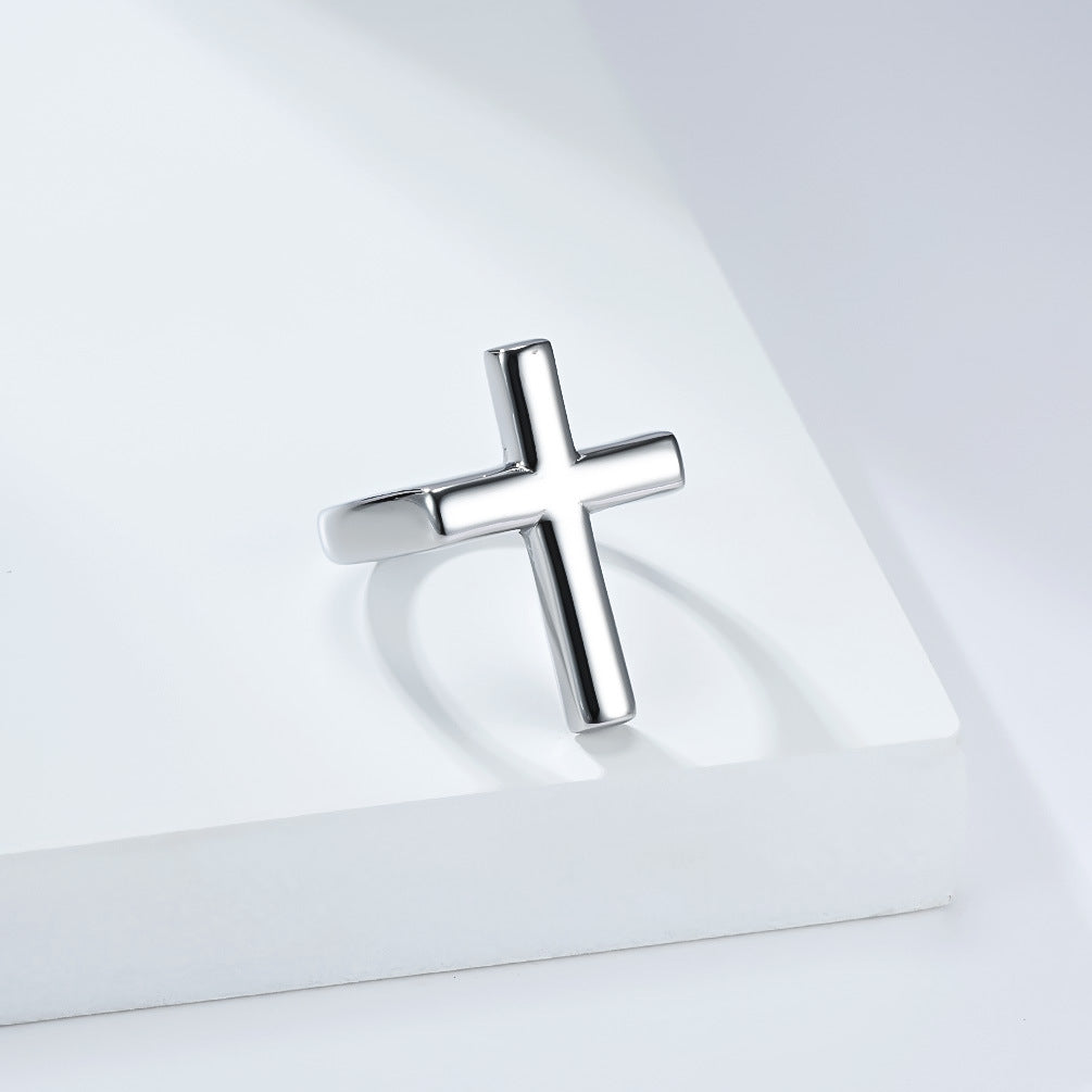 Planderful Everyday Genie Cross Ring for Men Titanium Steel Gold Plated Smooth Surface Street Fashion