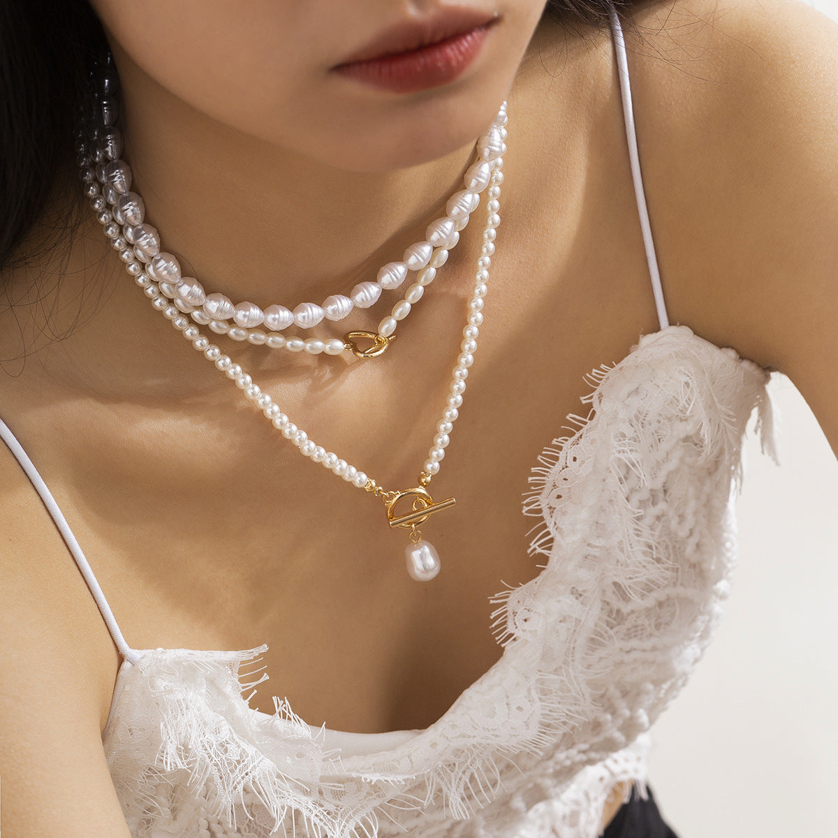 Multi-Layer Pearl and Diamond Heart Necklace with European Flair