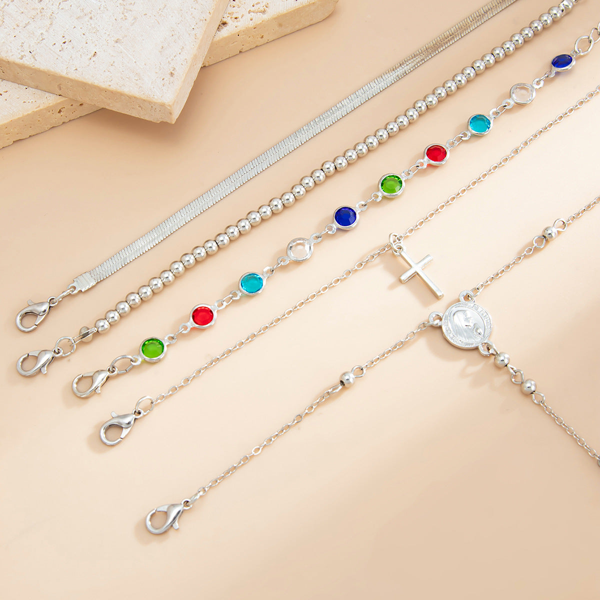 Planderful Vienna Verve Crystal Beaded Finger Bracelet Set Personalized Cross Pendant For Women Stacked Hand Jewelry