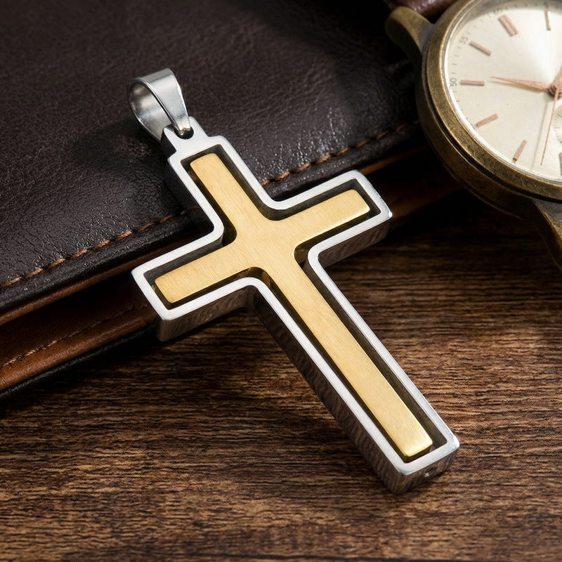 Popular Japanese And Korean Retro Rotatable Cross Two-Color Stainless Steel Men's Pendant Necklace