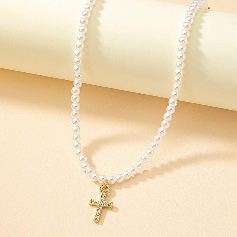 Icy Breeze Cross Necklace Set with Pearl Accent - Women's Elegant Fashion Jewelry