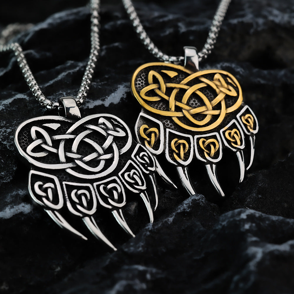 Planderful Shop Viking Celtic Knot Bear Claw Pendant Titanium Steel For Men Double Sided Necklace