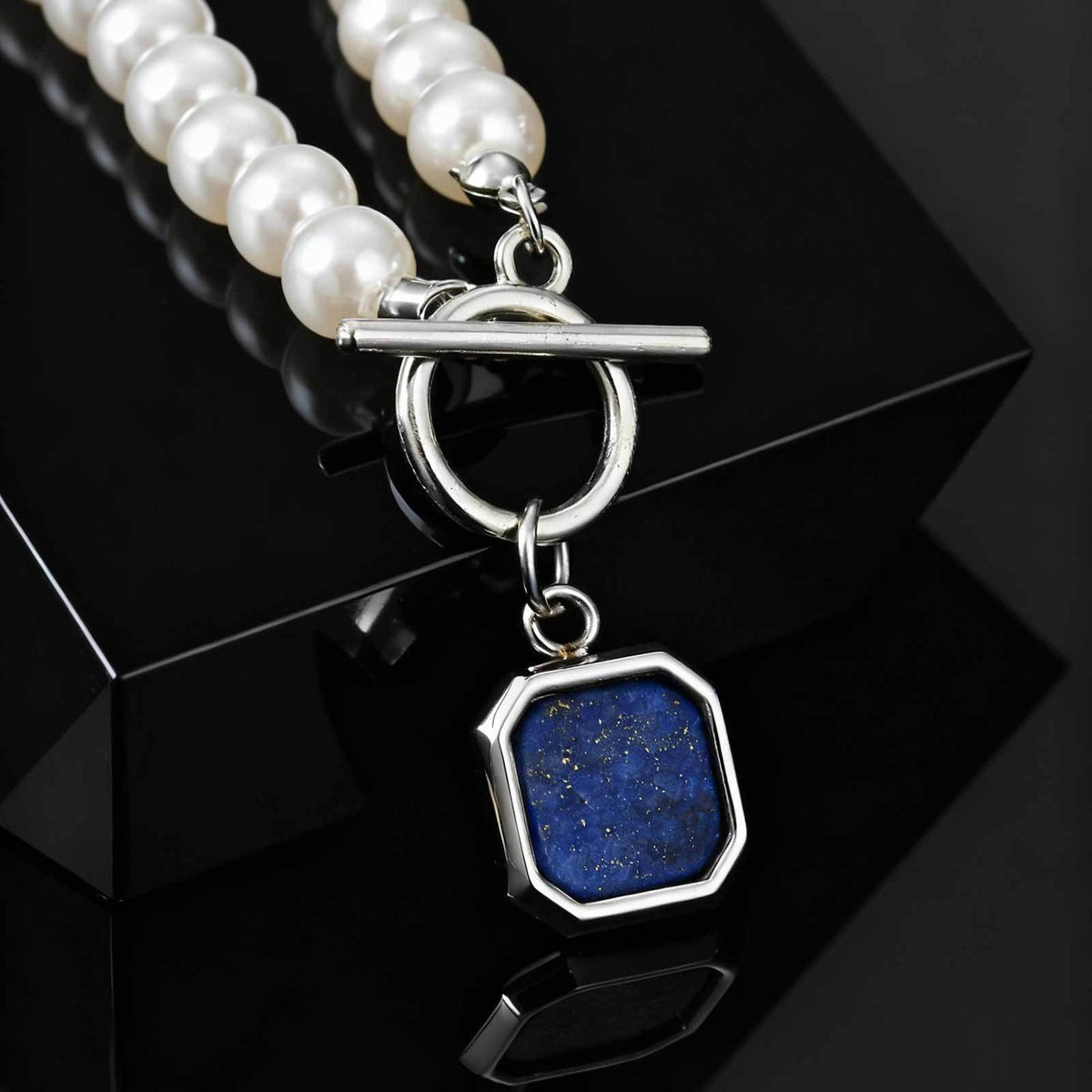 Stainless Steel Kusa Lapis Lazuli Square Pendant Imitation Pearl Necklace Steel Color
