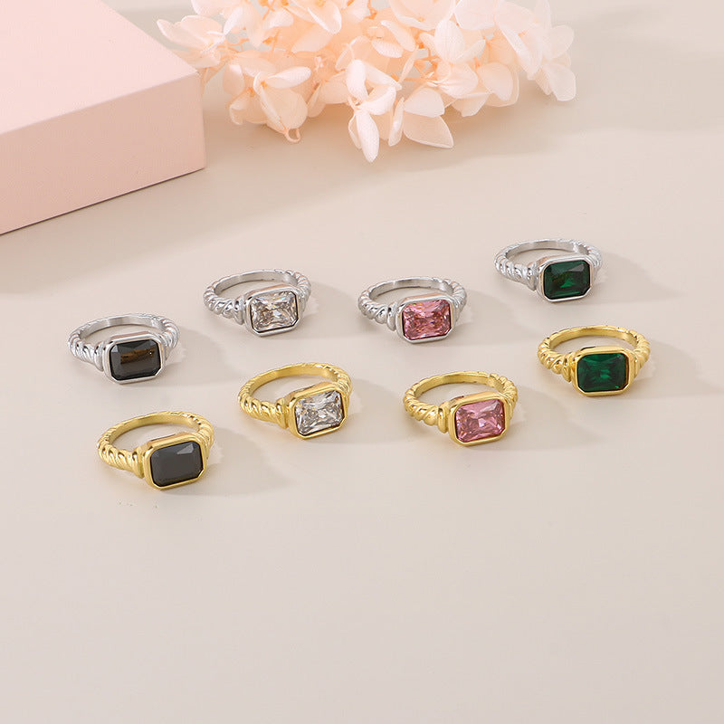 Twist Edge Square Inlaid Glass Ring Female, Design Sense Sugar