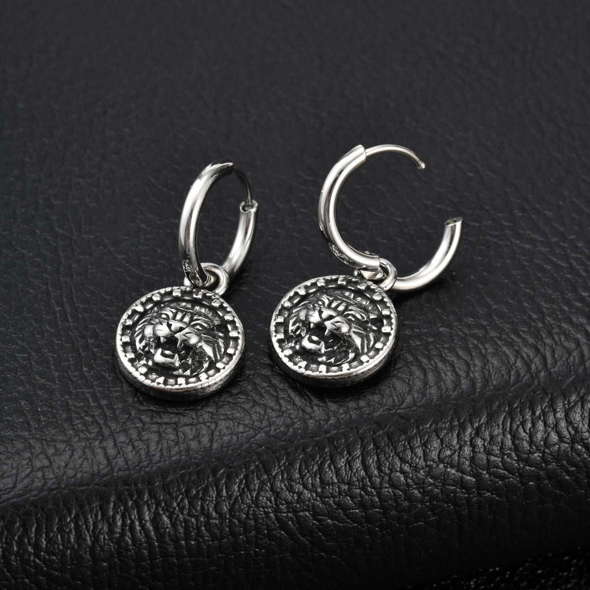 Antique Silver Medallion Hoop Earring — Single