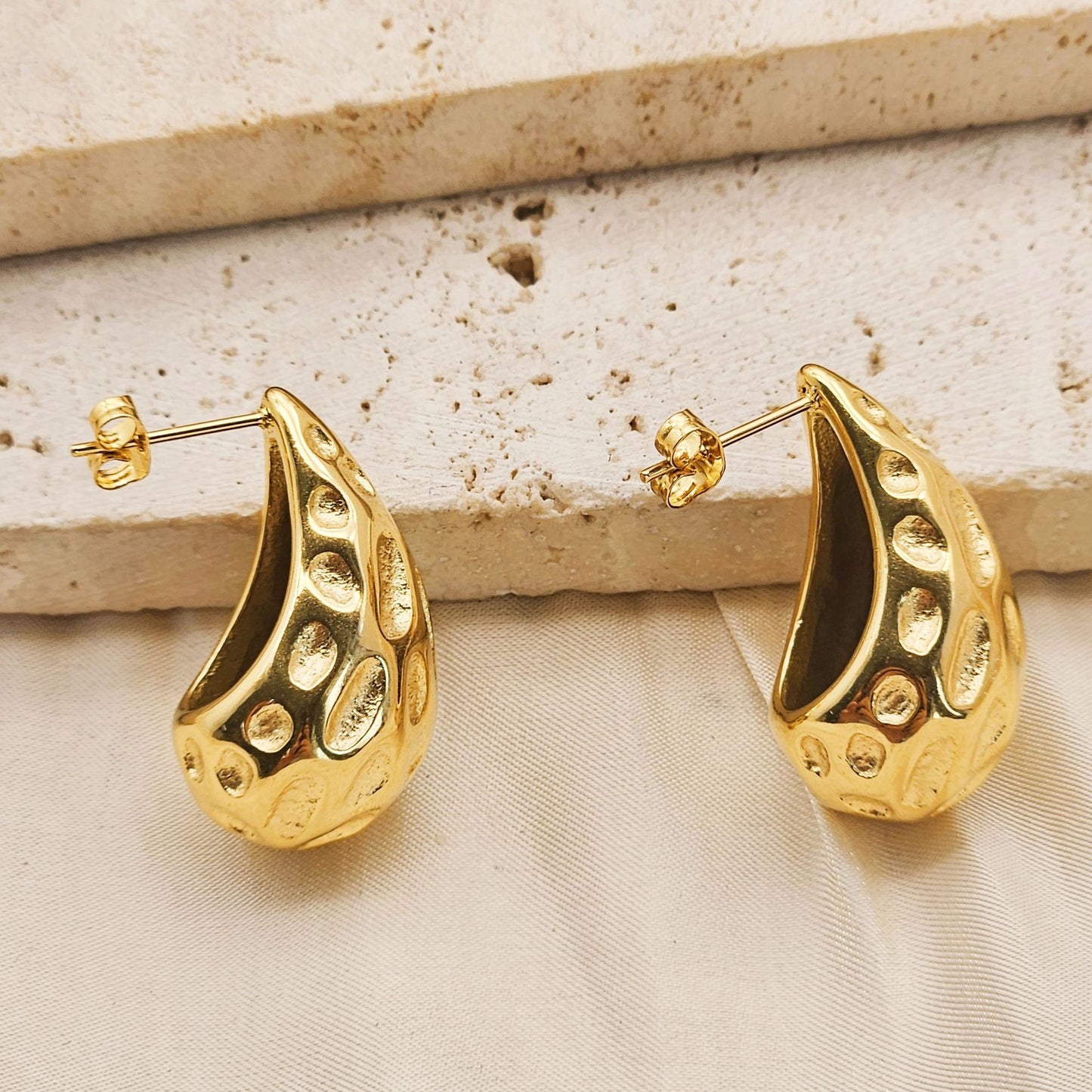 Planderful Water Drop Hammered Stainless Steel Earrings Gold Plated For Women Versatile Fashion Statement