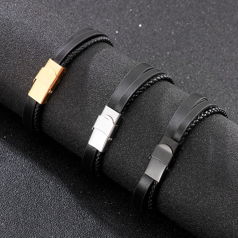 Planderful Mens Woven Leather Bracelet Geometric Retro