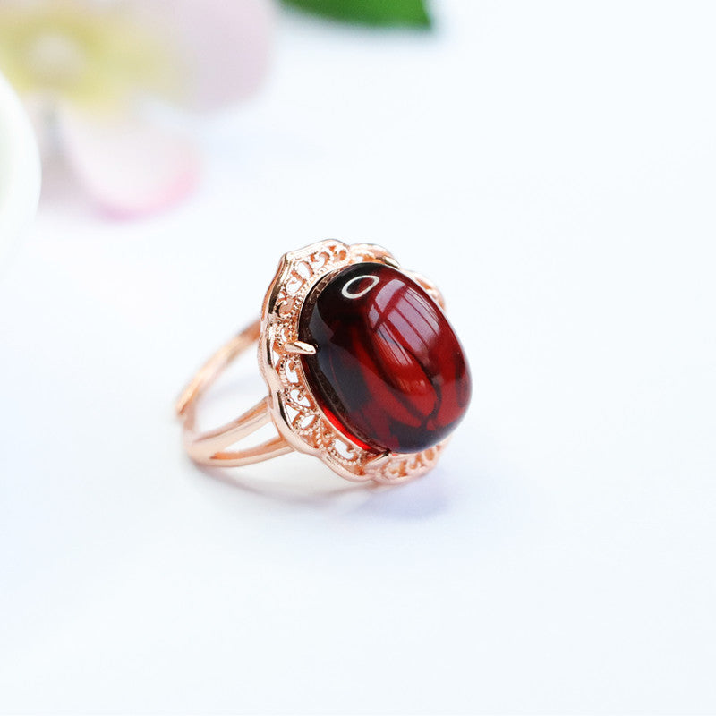 Blood Amber Lace Flower Ring with Sterling Silver