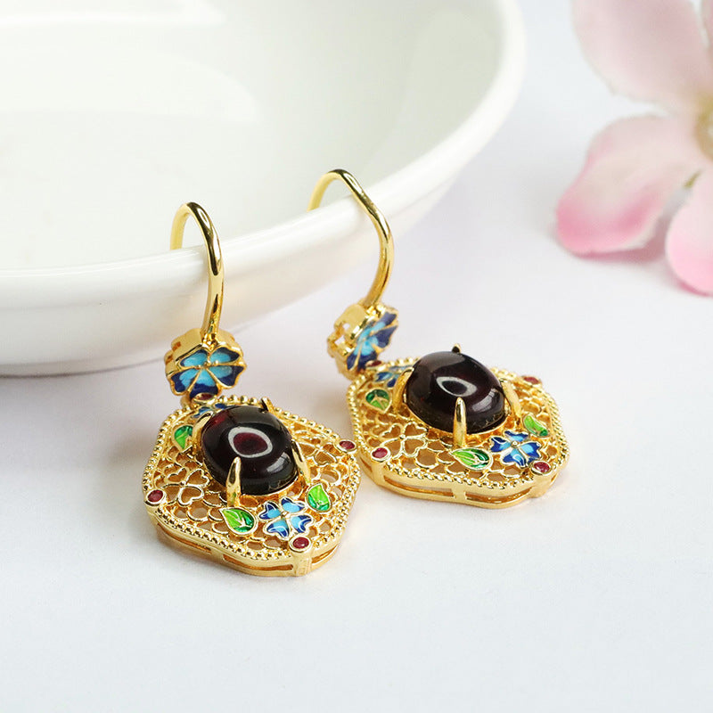 Blood Amber Enamel Floral Drop Earrings