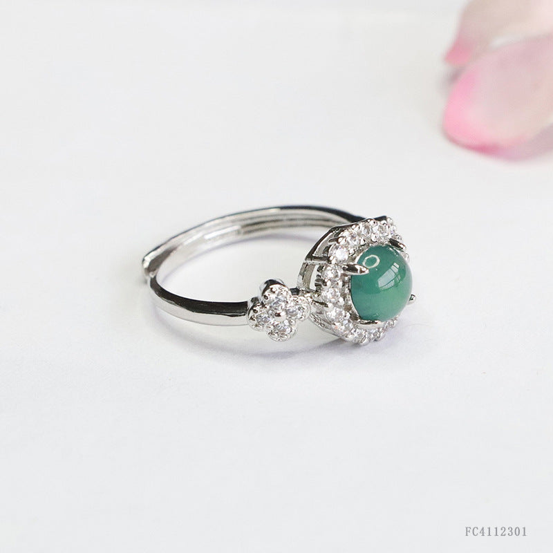 Blue Water Jadeite Prong-Set Four-Leaf Clover Ring