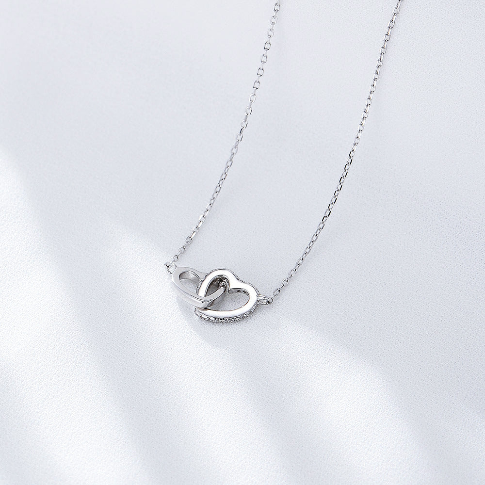 S925 Sterling Silver Zircon Love Interlocking Necklace Korean Version Classic Heart-Shaped Versatile Necklace