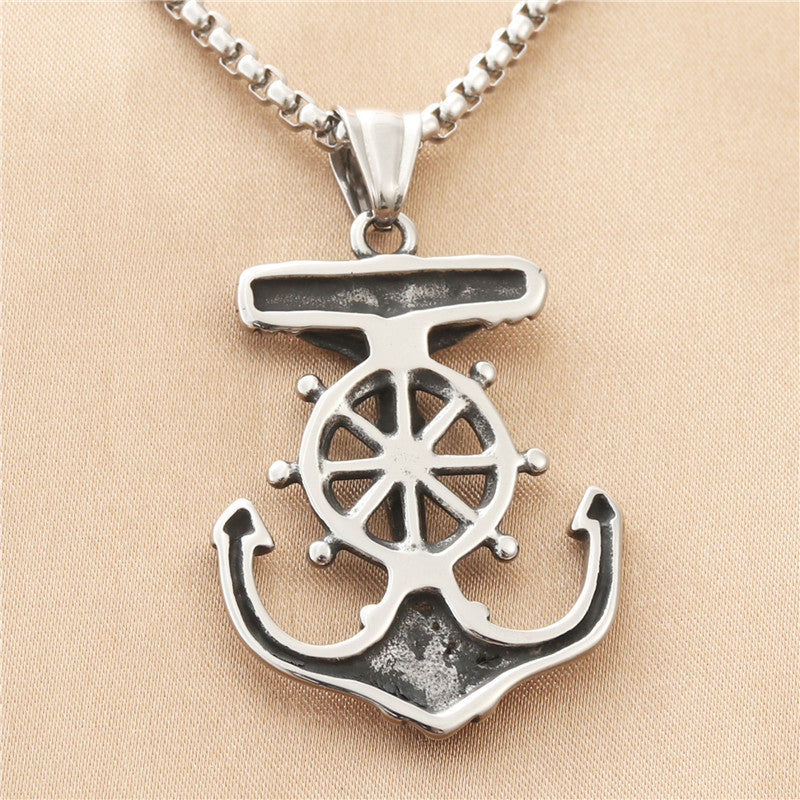 Personalized Punk Titanium Steel Ship Anchor Pendant Necklace for Men - Retro Trendy Rudder Design