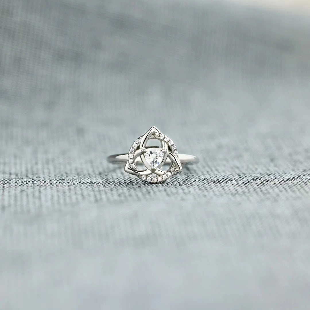 Triangle Zircon Trefoil Flower Opening Sterling Silver Ring