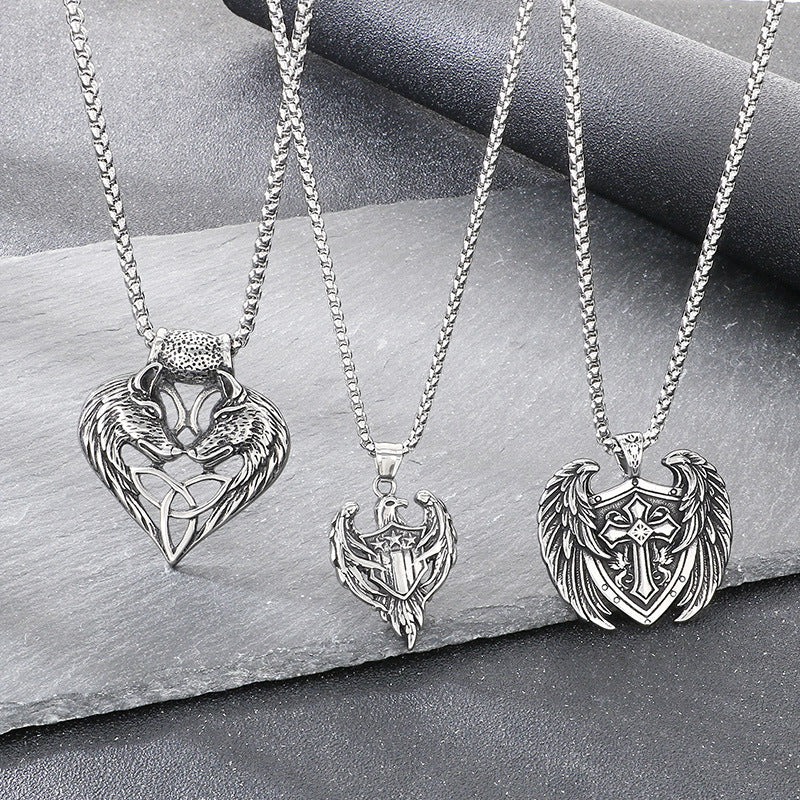 Viking Double Wolf Head Love Knot Pendant Punk Style Retro Cross Feathered Eagle Necklace