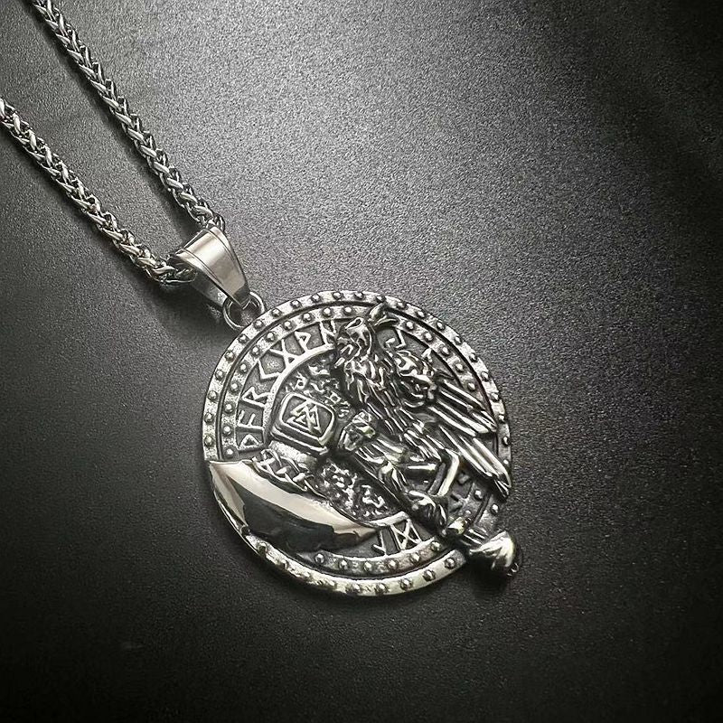 Steel Necklace - Vintage Nordic Viking Raven Tomahawk Pendant For Men With Polished Gold Plated Finish