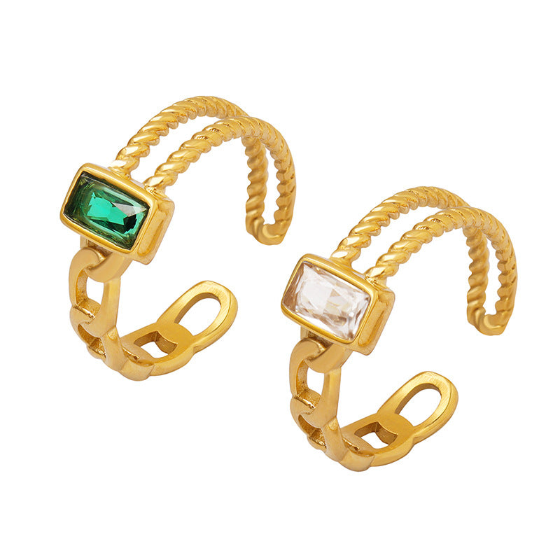 Green and White Zircon Open Ring with Korean-Inspired Design