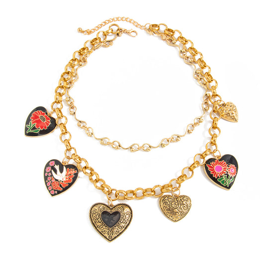Flower & Heart Gemstone-Style Layered Necklace