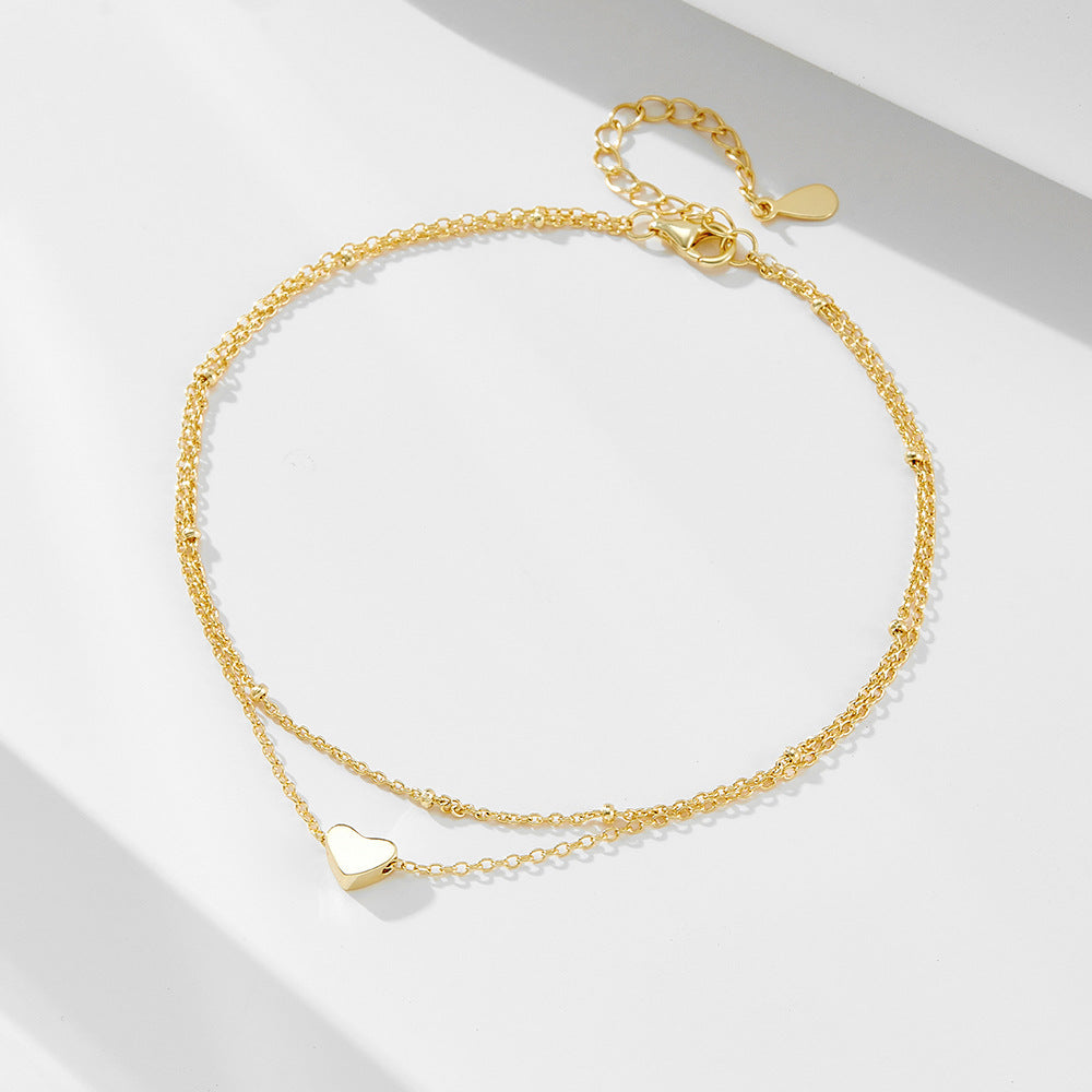 S925 Sterling Silver Double Chain Heart Pendant Anklet Gold-Plated Love Foot Bracelet