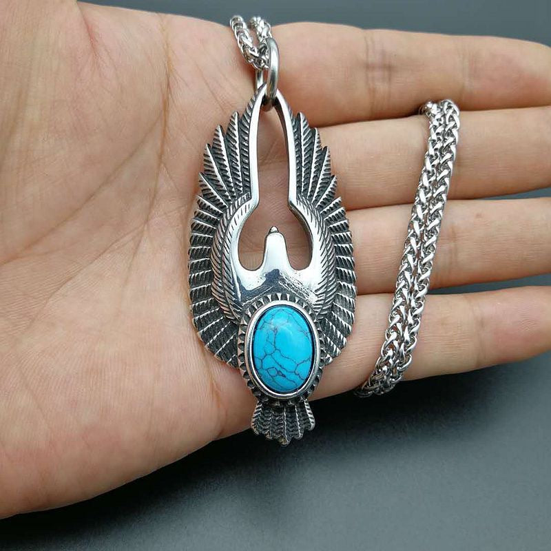 Planderful Polished Turquoise Eagle Titanium Steel Pendant Necklace Unisex Punk Retro Style