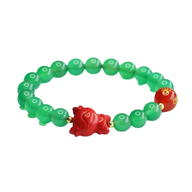 Zodiac Dragon Sterling Silver Bracelet with Natural Green Chalcedony and Red Sand Cinnabar