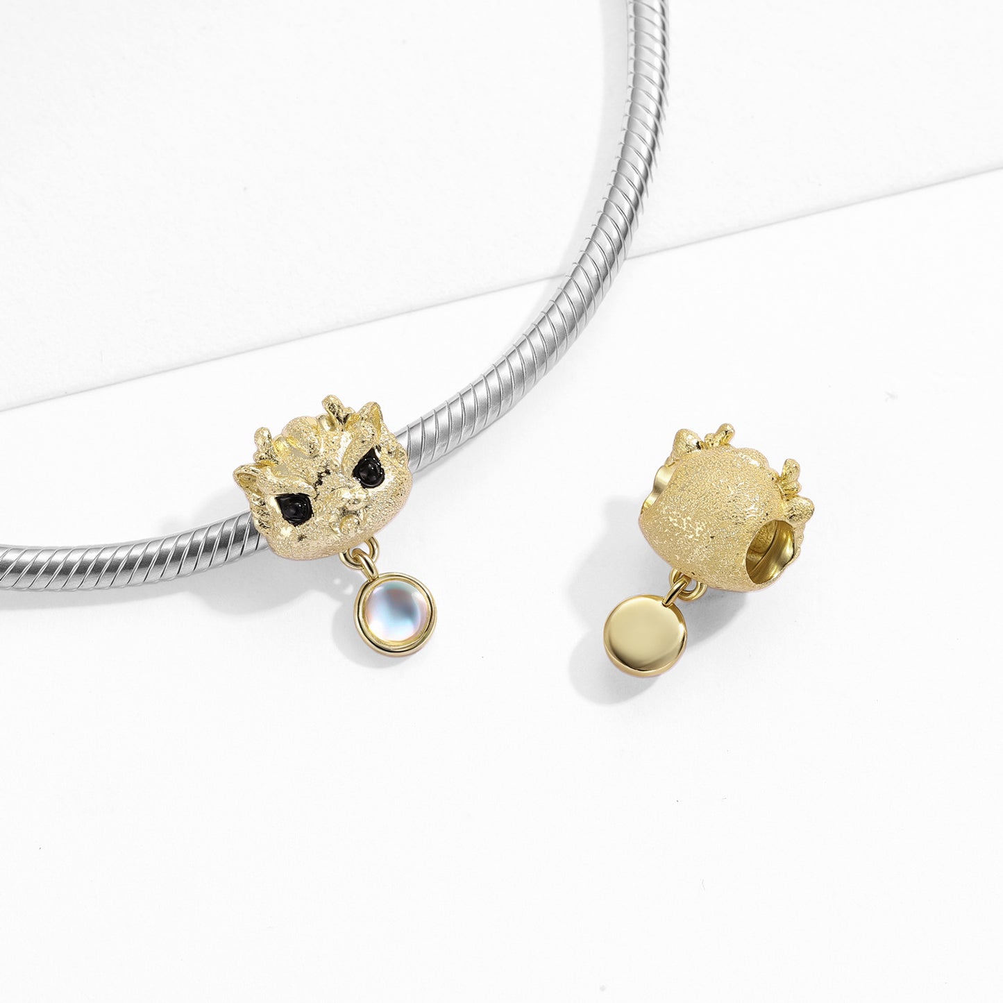 Planderful Jewelry Moonstone Dragon Beaded Bracelet In Sterling Silver With 14K Gold Plating