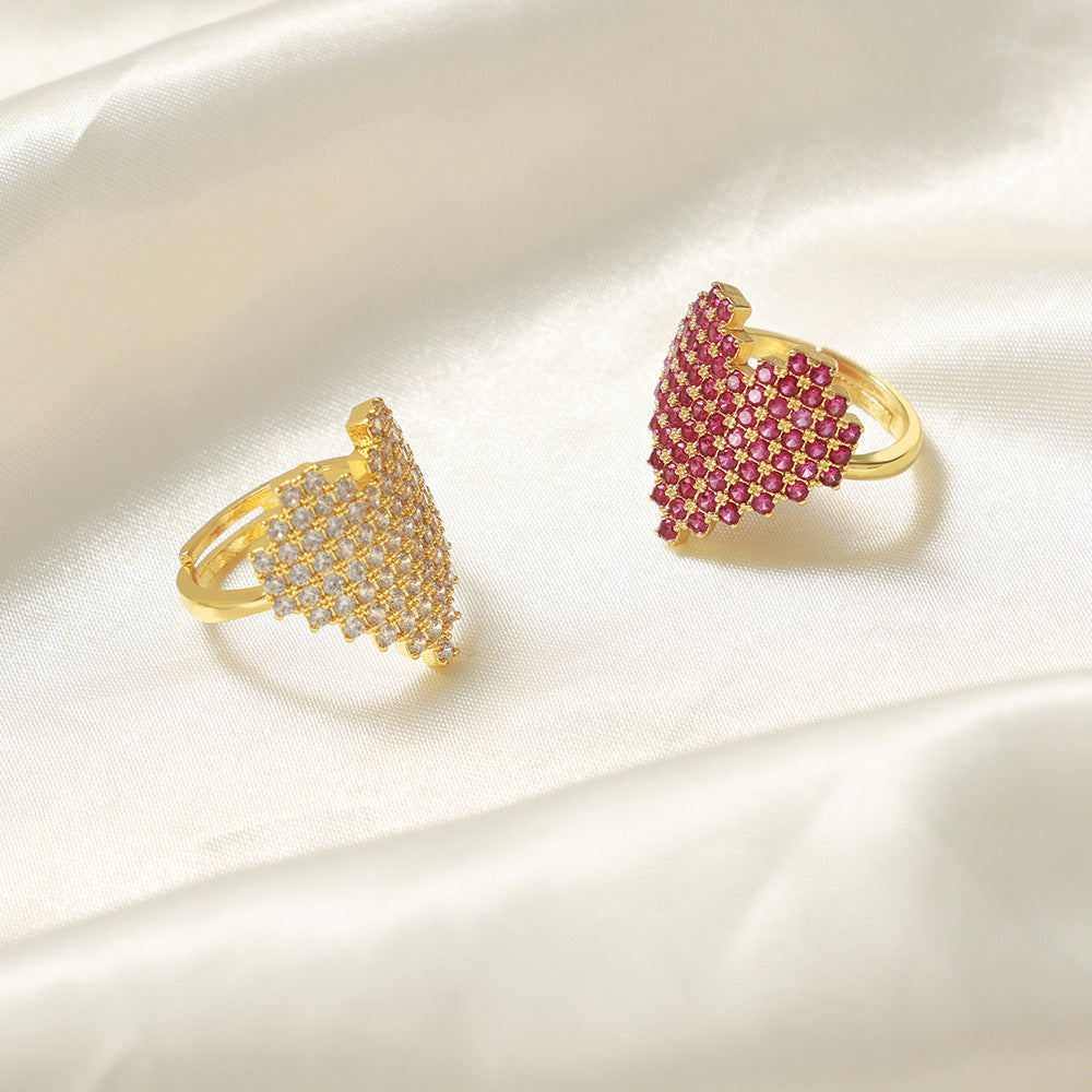 Chic Copper Heart Zircon Ring - Adjustable Light Luxury Jewelry for Women